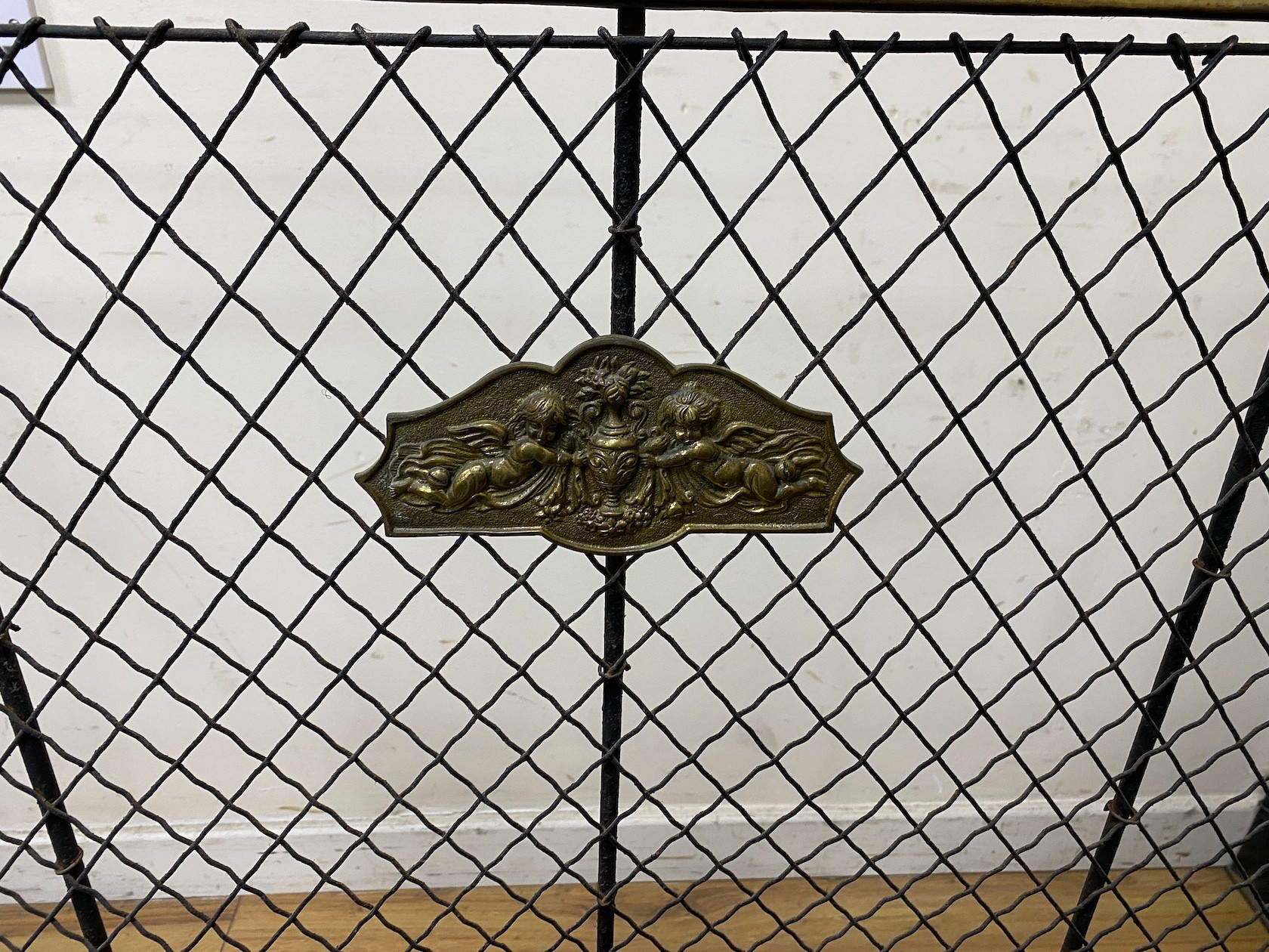 A large Victorian brass and mesh spark guard, width 150cm, depth 46cm, height 92cm